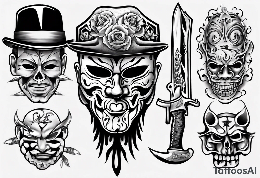realistic chicano
masks, weapons and gangsters tattoo idea realistic chicano
masks, weapons and gangsters tattoo idea