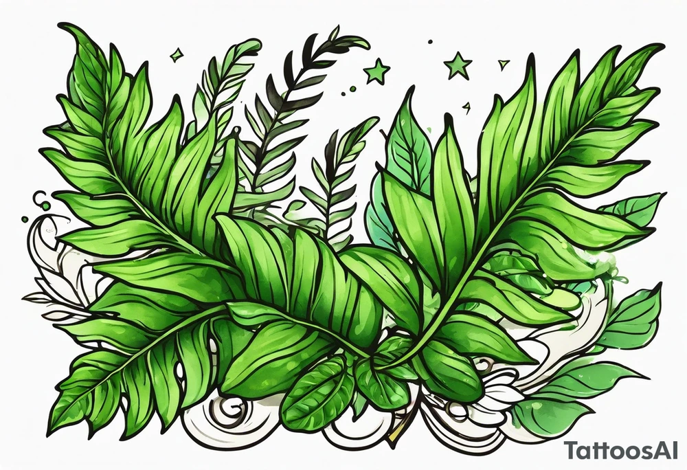 Fern leaf and basil leaf tied with a kawaii ribbon tattoo idea