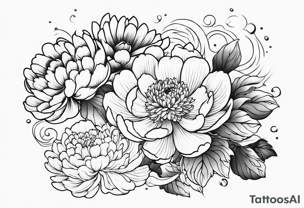 Full sleeve japanese peonies and chrysanthemum in water tattoo idea