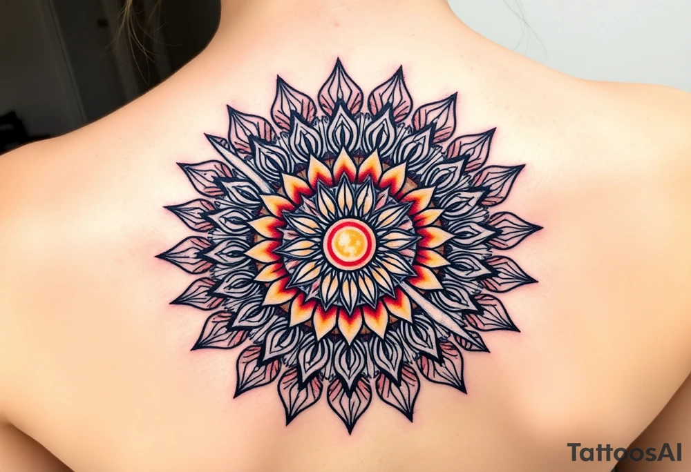 A sunburst pattern radiating from centered in round cyrcle of the the Flower of Life, embodying energy and vitality tattoo idea