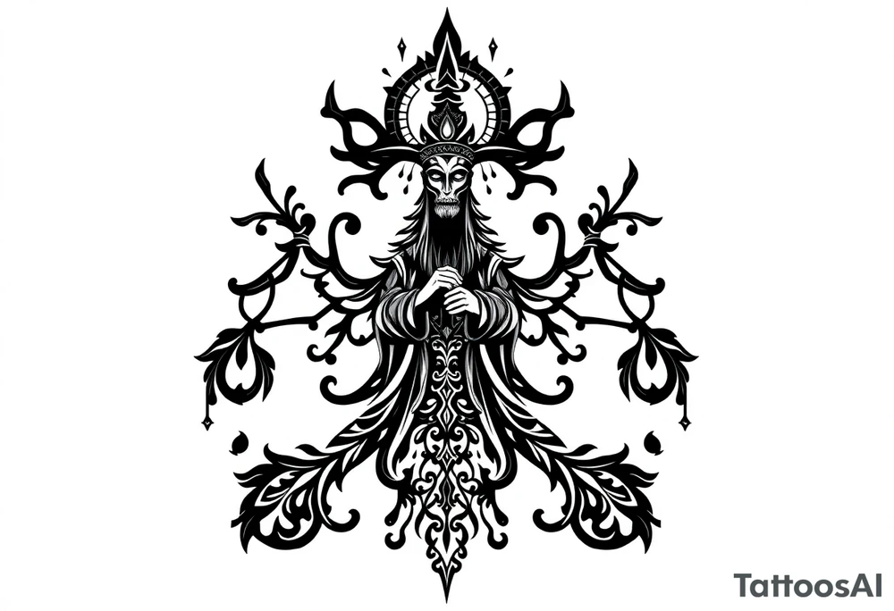 mystical dark and long ornament with shaman and witch mytolog and ancient rhyme tattoo idea