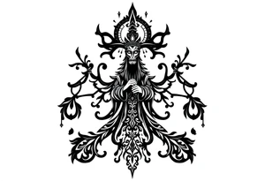 mystical dark and long ornament with shaman and witch mytolog and ancient rhyme tattoo idea