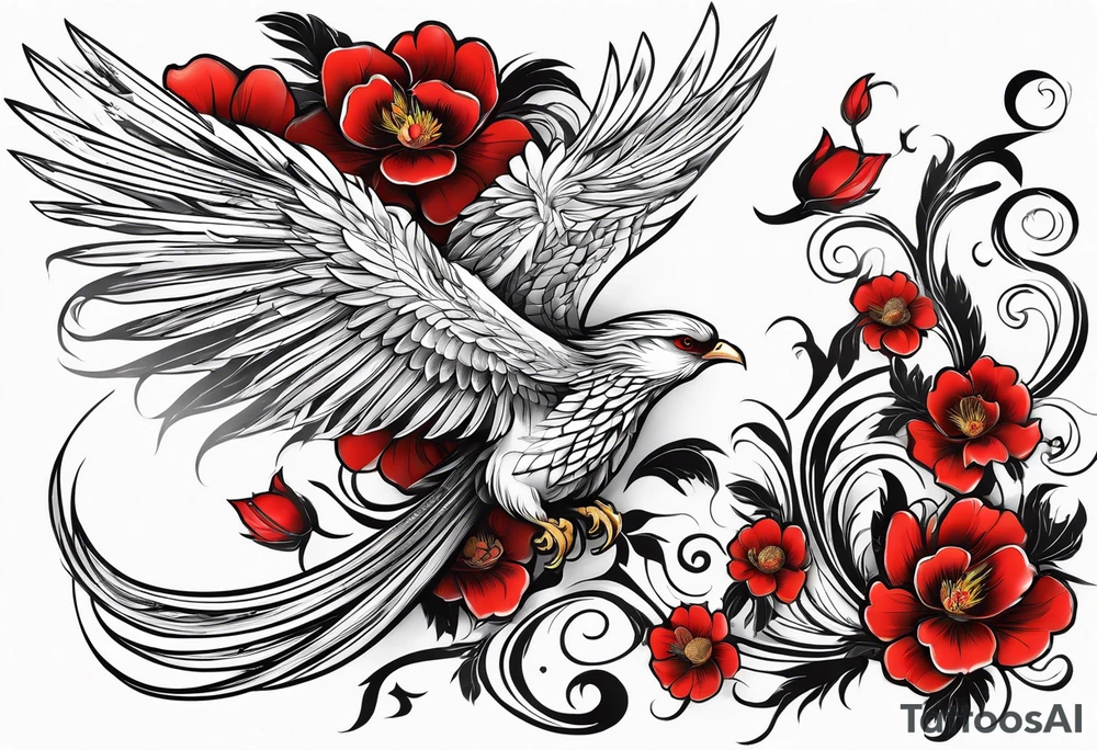elongated phoenix in flight 
in profile long tail with claws holding red flowers falling tattoo idea