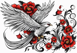 elongated phoenix in flight 
in profile long tail with claws holding red flowers falling tattoo idea