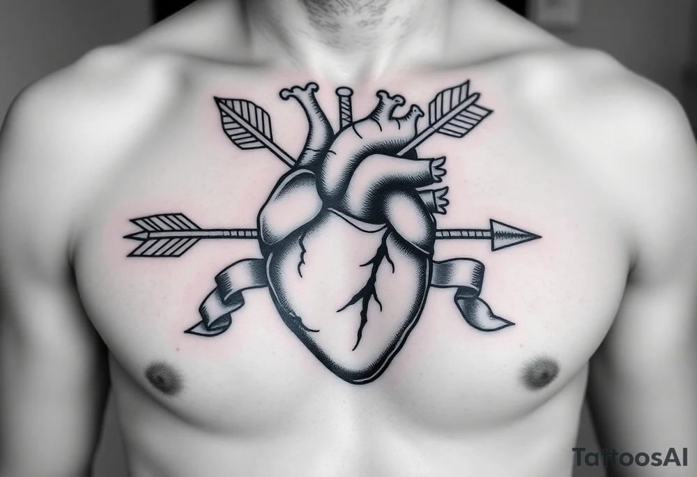 anatomical heart pierced by ornate arrow with flowing ribbons tattoo idea