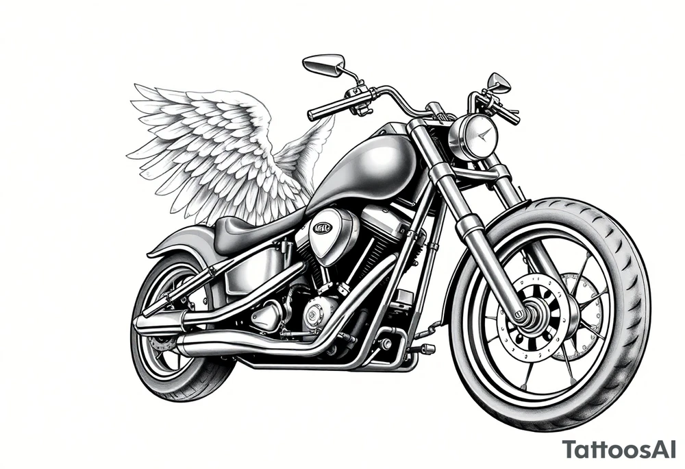 Low rider grey motorcycle, big muffler pipes with flames, angel wings, driving away, no person tattoo idea