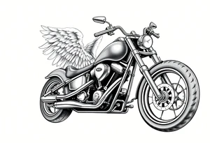 Low rider grey motorcycle, big muffler pipes with flames, angel wings, driving away, no person tattoo idea