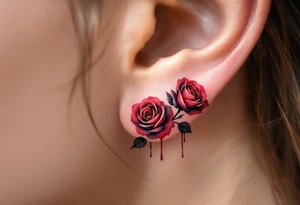 Tiny roses with dripping ink style, done in dark crimson and black, placed behind the ear. tattoo idea