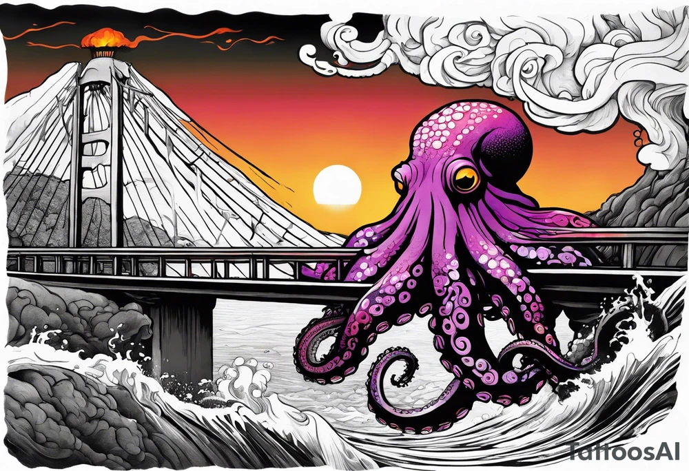Octopus attacking a bridge with volcano in background erupting tattoo idea