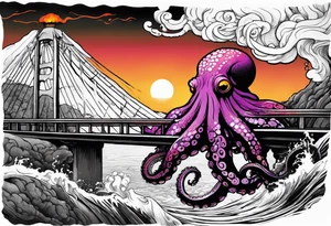 Octopus attacking a bridge with volcano in background erupting tattoo idea