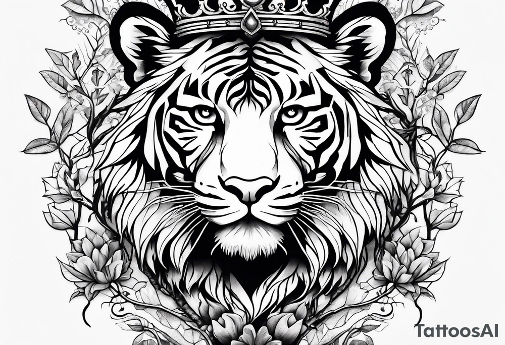 Tree of life with a tiger and a crown tattoo idea