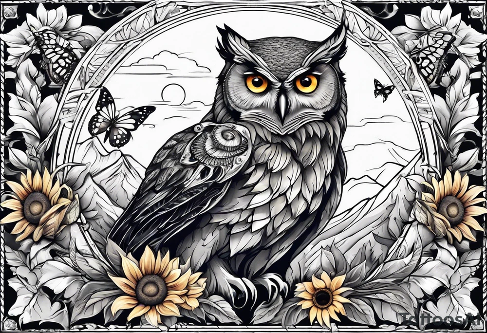 Sleeve with an owl, sunflower and butterfly tattoo idea