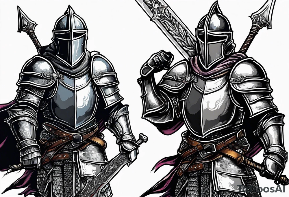 knight holding a bible over his head in combat with both hands tattoo idea