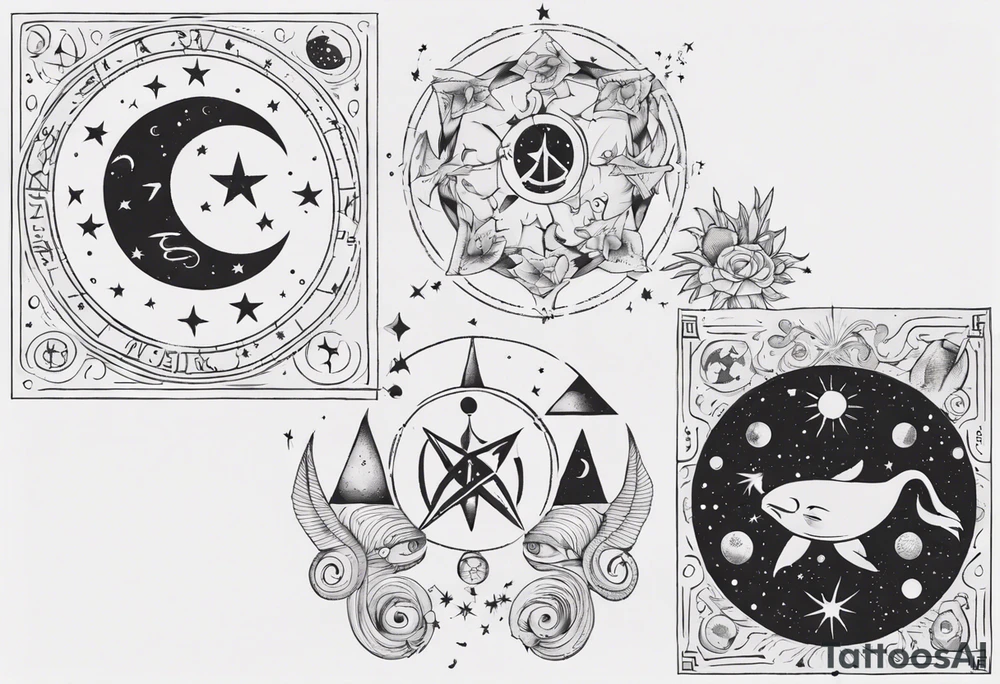 nigh sky, showing zodiac sign for Pisces and Taurus. upper arm sleeve tattoo tattoo idea