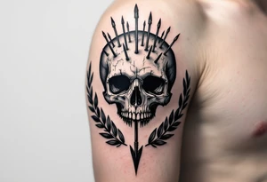 a skull whose head  stand out by needles and under the head come down an  arrow and surrounded  by two olive tree leaf around tattoo idea