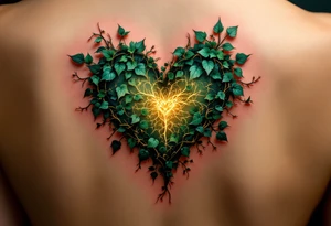 An ivy-covered heart emerging from the skin, shaded in deep emerald and glowing gold, symbolizing everlasting love. tattoo idea