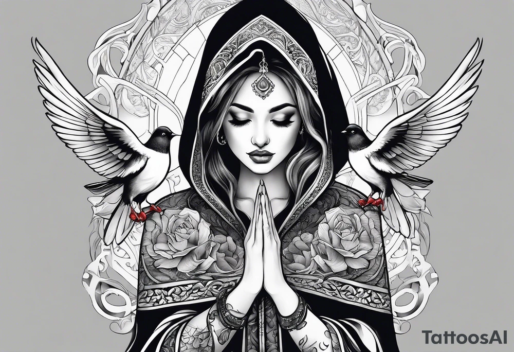 Praying woman in cloak with doves full sleeve tattoo idea