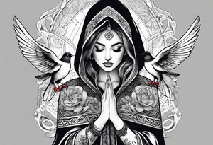 Praying woman in cloak with doves full sleeve tattoo idea
