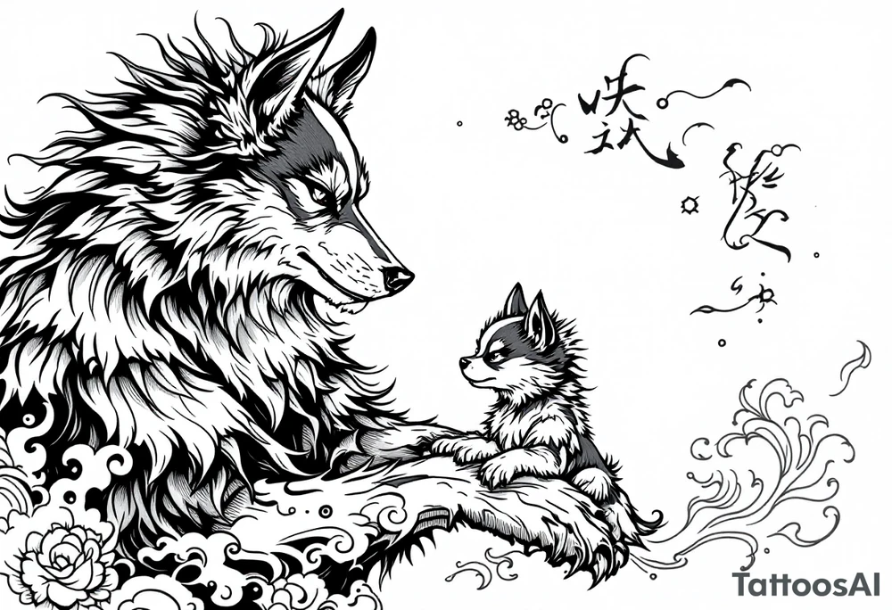 Japanese Fô dog with baby Fô dog under her paw with wind elements around tattoo idea