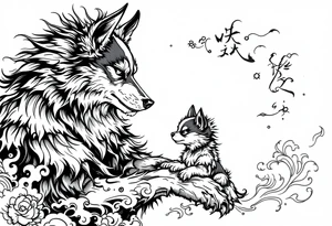Japanese Fô dog with baby Fô dog under her paw with wind elements around tattoo idea