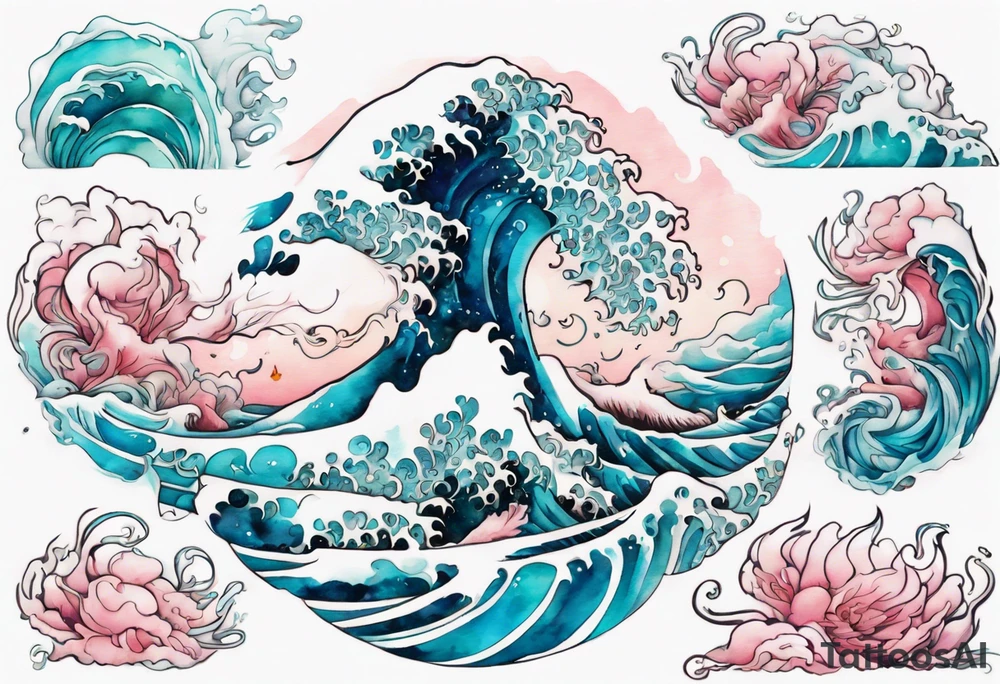a beautiful turquoise and white and pink Orm Embar rising from the blue waves of the ocean tattoo idea