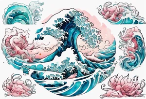 a beautiful turquoise and white and pink Orm Embar rising from the blue waves of the ocean tattoo idea