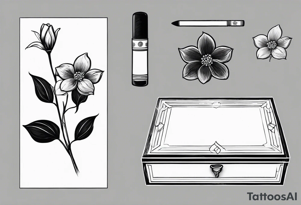 A simple vintage cigar box with a dogwood flower next to it as well as a lit cigar tattoo idea