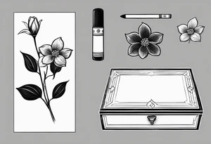 A simple vintage cigar box with a dogwood flower next to it as well as a lit cigar tattoo idea