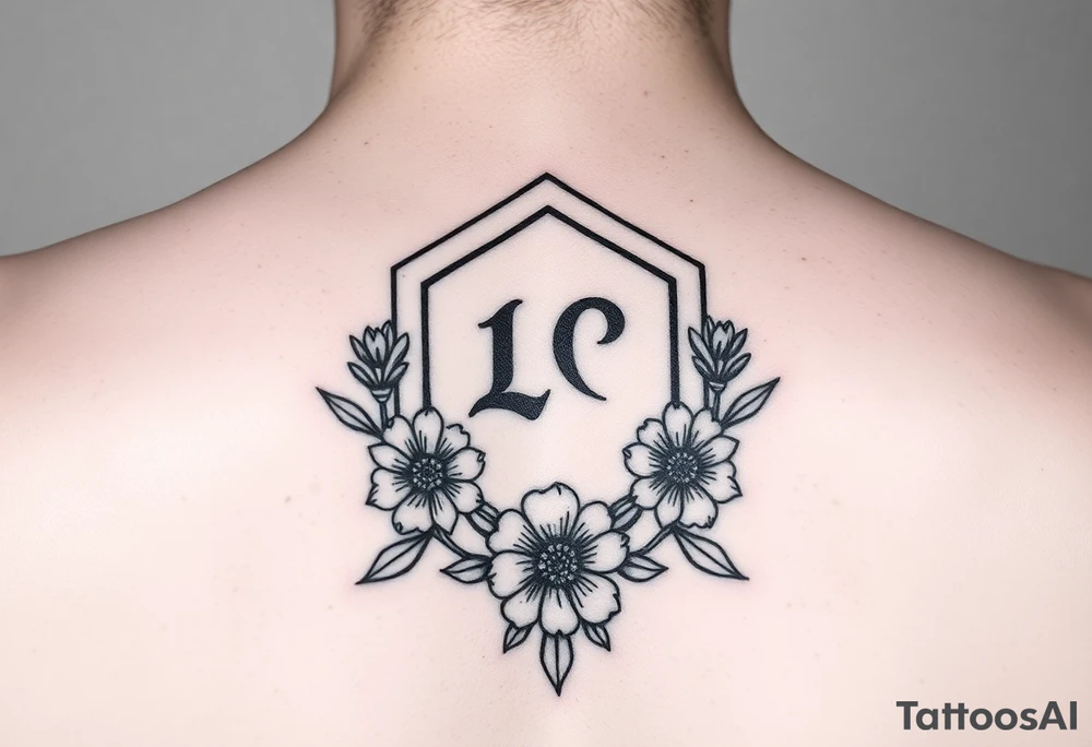 Dashed line hexagon with Leo symbol in center and flowers tattoo idea