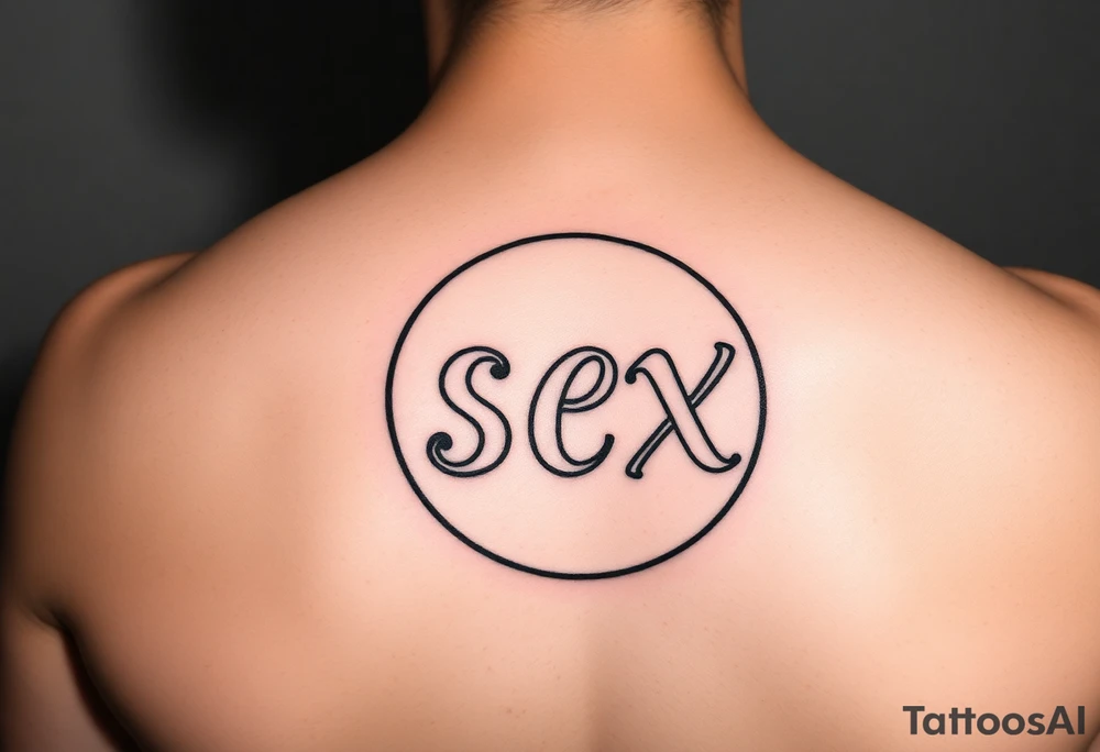 The word dolphin and the word sex written in cartoon writing in the shape of a circle tattoo idea