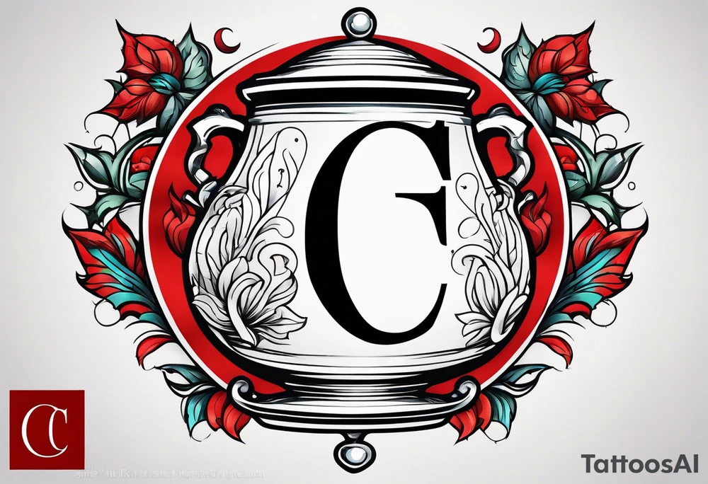 red cauldron with letter c in tattoo idea