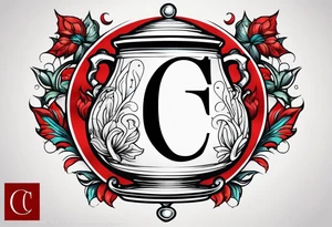 red cauldron with letter c in tattoo idea
