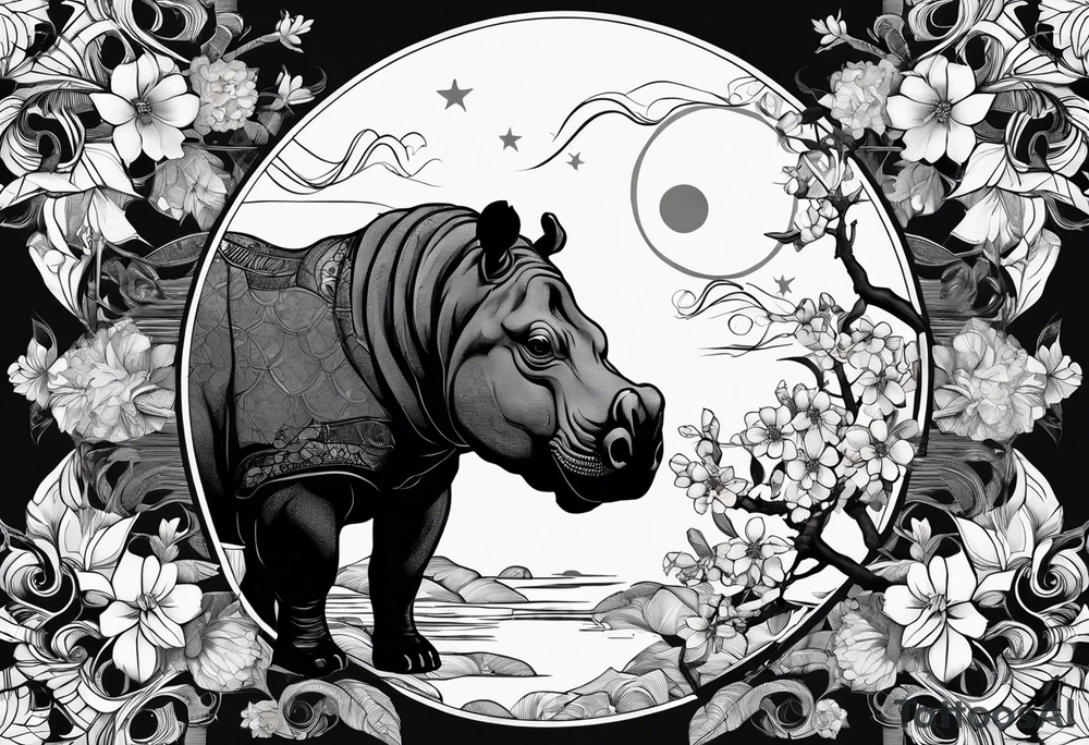Very asymmetrical, +geometric pattern, with realistic full moon, with hippo head looking back ,
with wintersweet flower bud, +portrait orientation, +inkart touch, tattoo idea