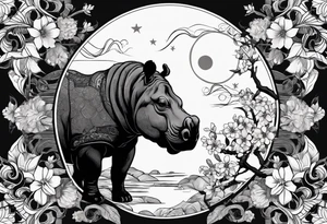 Very asymmetrical, +geometric pattern, with realistic full moon, with hippo head looking back ,
with wintersweet flower bud, +portrait orientation, +inkart touch, tattoo idea