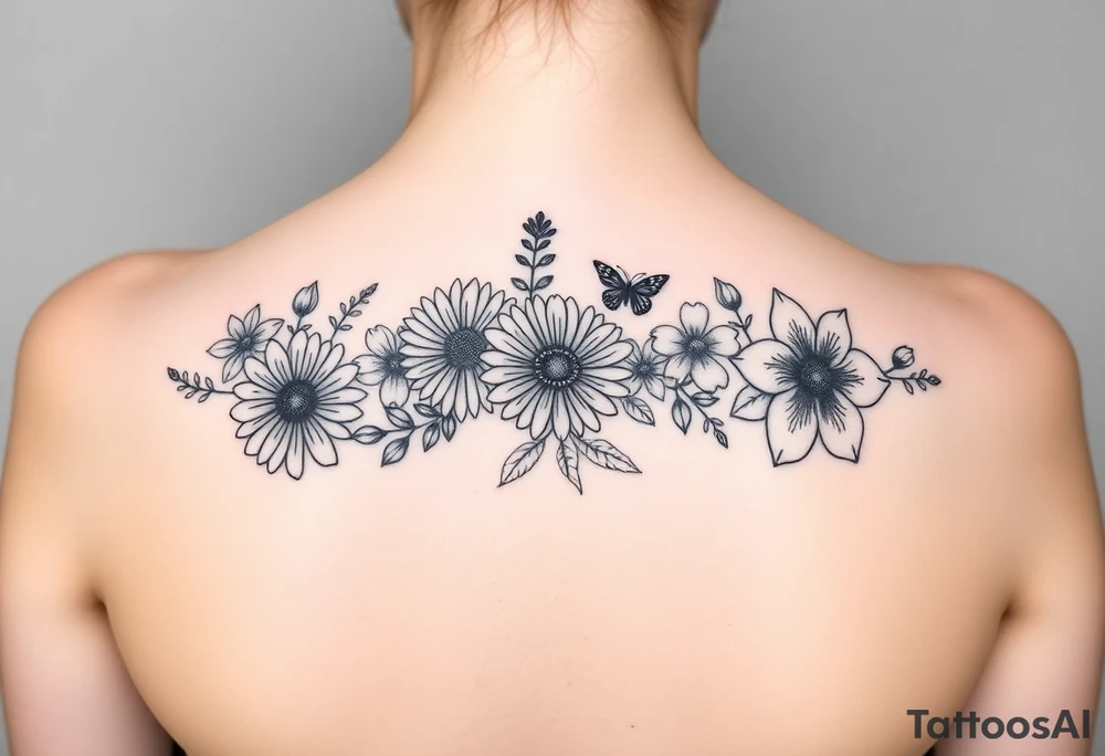 Honeysuckle, marigold, chrysanthemum, and violet bouquet tattoo idea