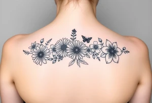 Honeysuckle, marigold, chrysanthemum, and violet bouquet tattoo idea