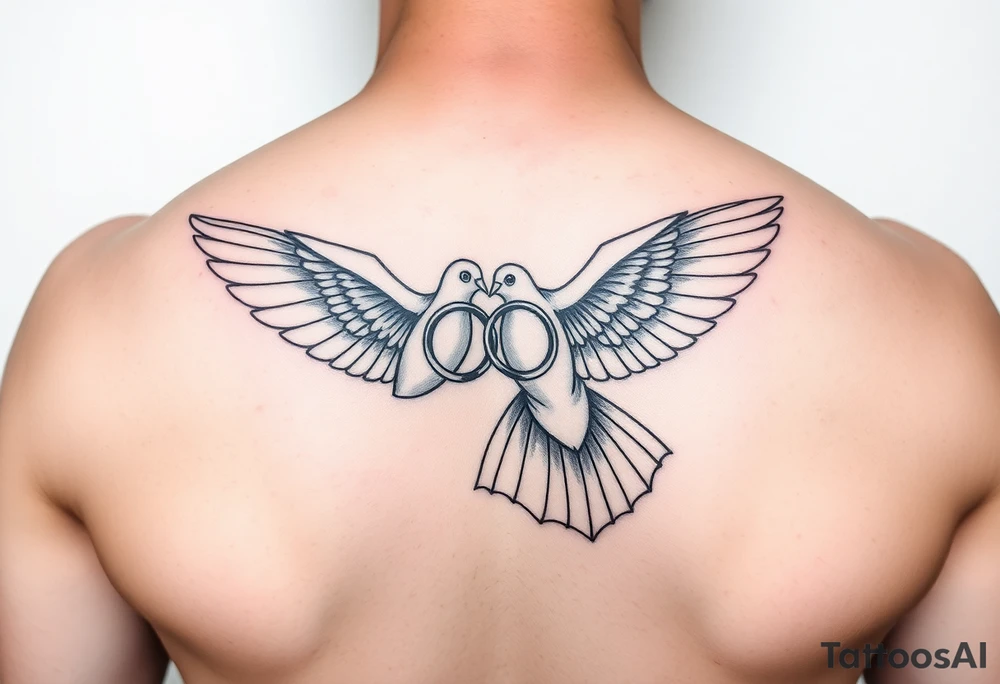 Dove holding two wedding rings and flying towards bride and groom tattoo idea