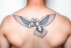 Dove holding two wedding rings and flying towards bride and groom tattoo idea