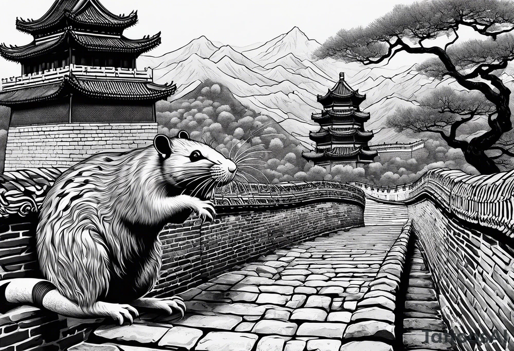 Rat behind Tiger and Snake on the great Wall of China with Temple tattoo idea