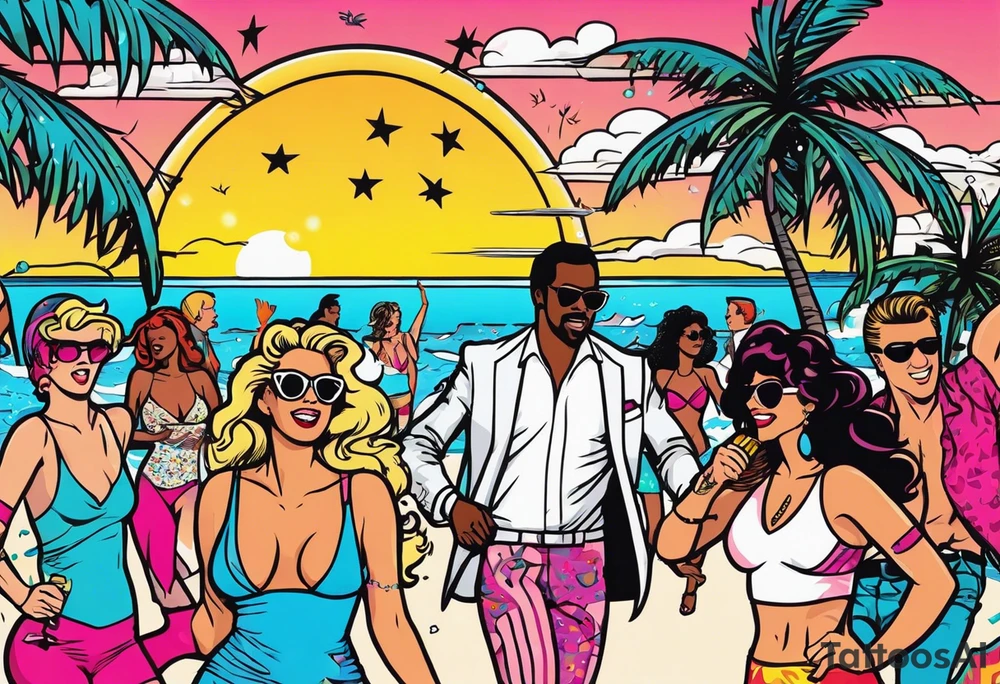 1980's miami vice style beach dance 
party, include confetti, music notes, boom box, bikinis sunset in the center tattoo idea