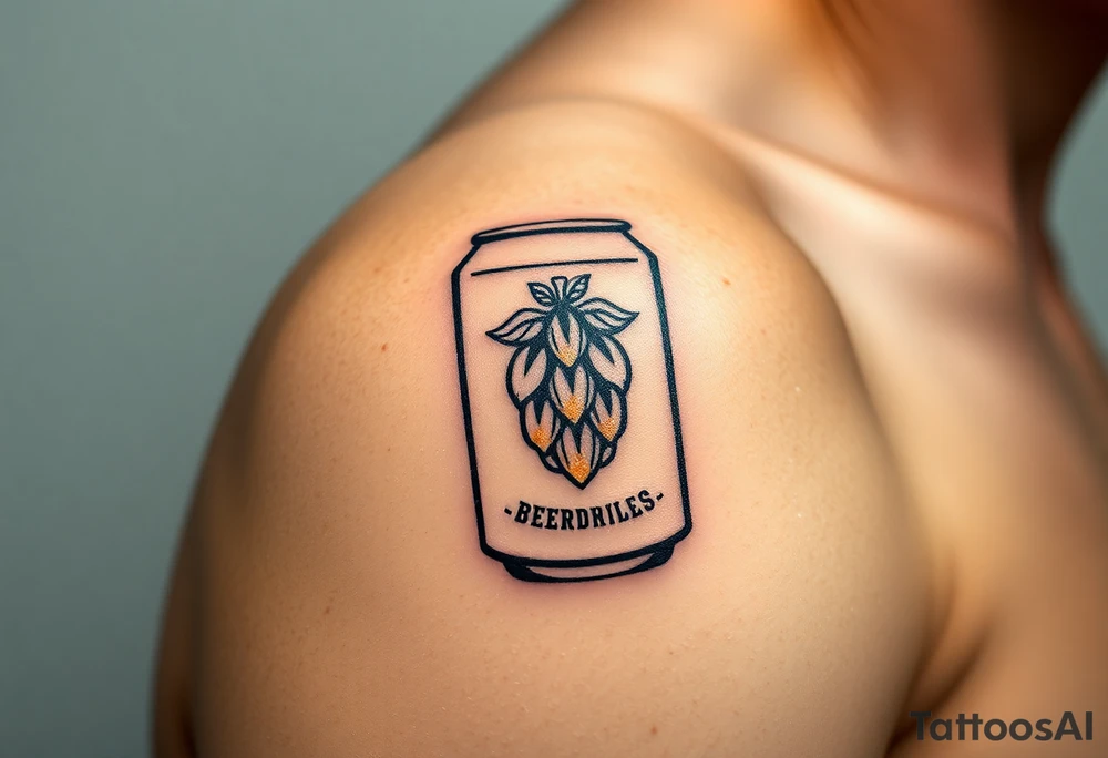 A minimalist black and gold beer can design, with vintage typography and a hop emblem, capturing a sleek and modern aesthetic tattoo idea