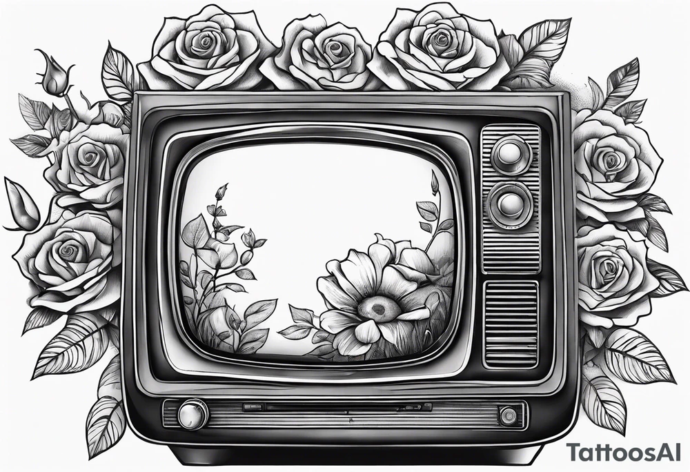 Retro TV with roses and daisys tattoo idea