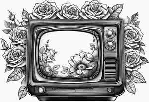 Retro TV with roses and daisys tattoo idea