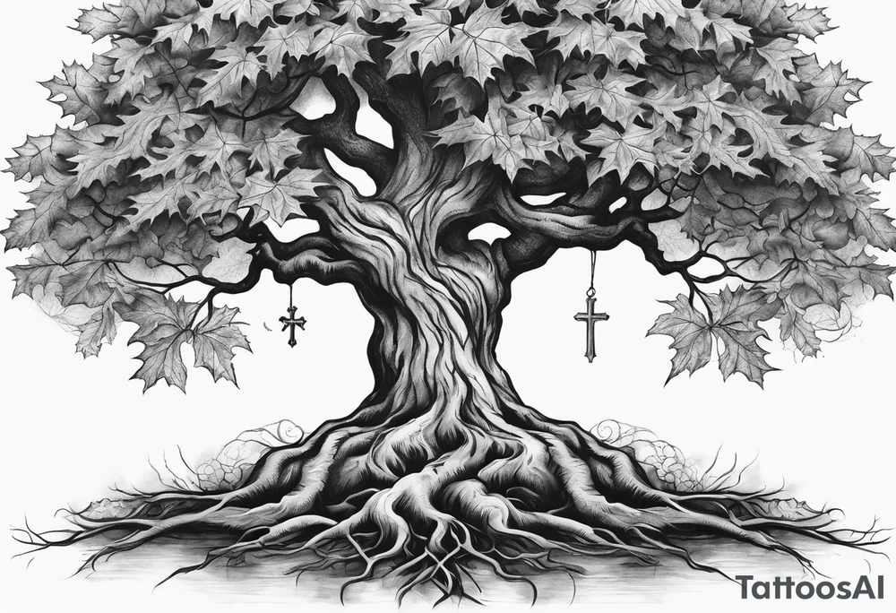 Intertwined Roots and Cross: The roots of the maple tree intertwined with a cross, emphasizing that my family’s foundation is deeply rooted in faith. tattoo idea