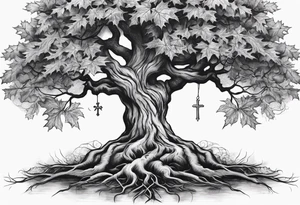 Intertwined Roots and Cross: The roots of the maple tree intertwined with a cross, emphasizing that my family’s foundation is deeply rooted in faith. tattoo idea