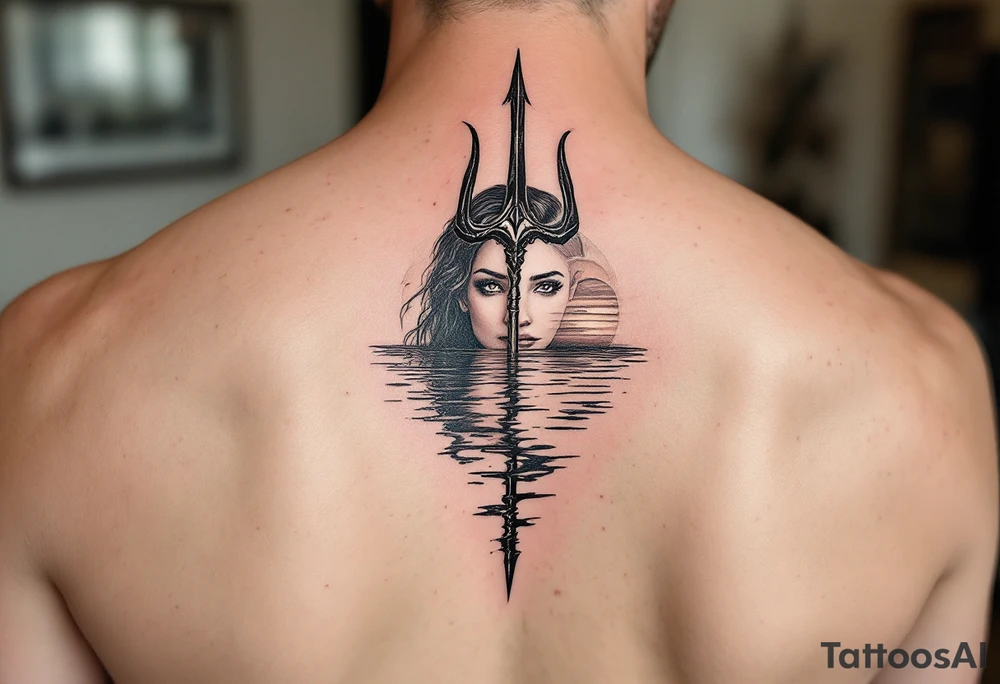 trident half way under calm water at sunset with topless woman tattoo idea