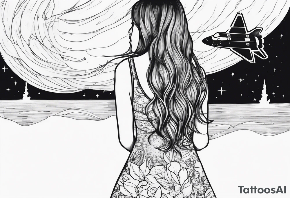 back of small girl in dress with long hair sitting on a tree branch watching a space shuttle launch in the distance tattoo idea