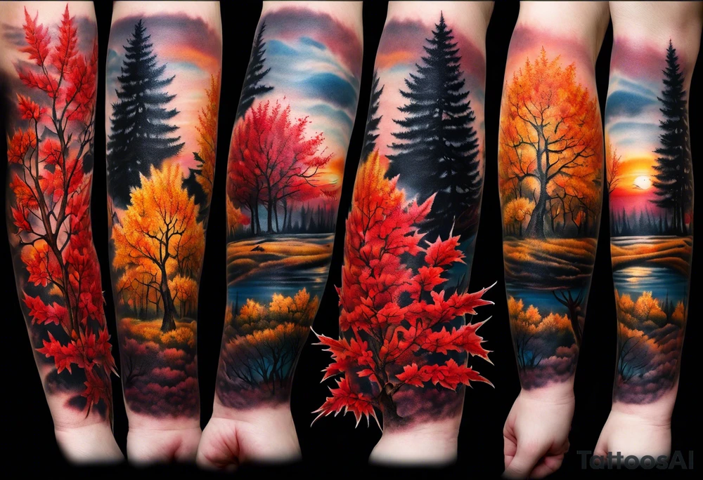 Arm tattoo. Long tattoo. Full sleeve. Shoulder. A single large maple tree with red autumn leaves that branches upwards from wrist to shoulder. White-throated dipper bird on the trees branches. Calluna flowers at the base of the trees stem. Tree stem has dark colors. Red/yellow sunset behind the trees stem. Leaves falling. tattoo idea