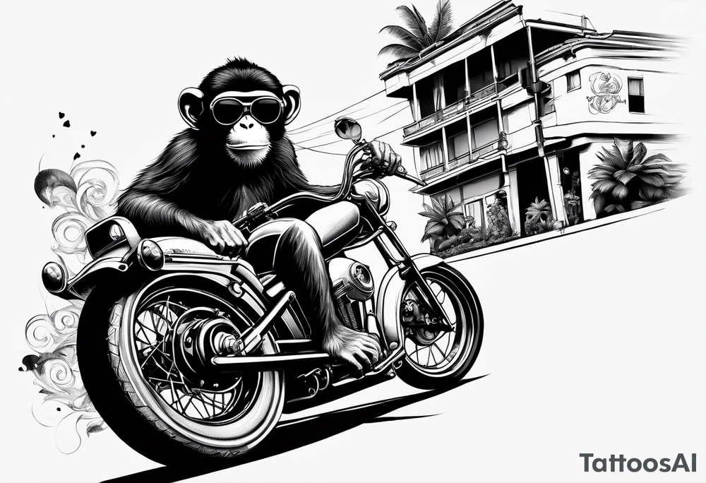 Monkey riding a chopper motorcycle with sunglasses on, a cigarette hanging out of his mouth tattoo idea