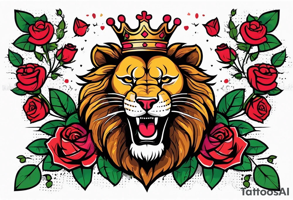 Roaring Lion with crown  with roses tattoo idea